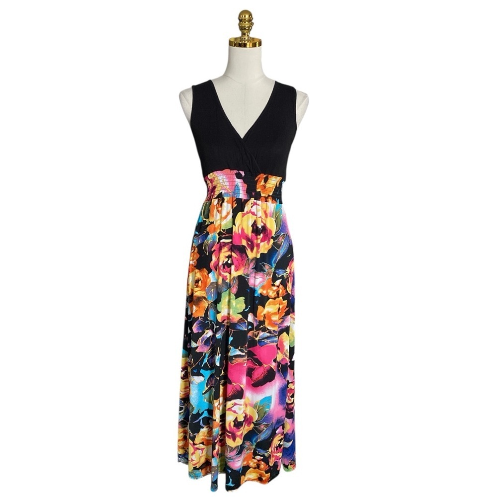 Boohoo Women’s Sleeveless Colorful Floral w/ Black Bodice Flowy Maxi Dress Sz 6 - Picture 3 of 8